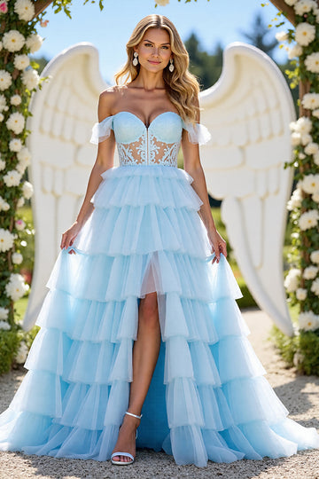 Blue Off The Shoulder Tiered Prom Dress With Slit